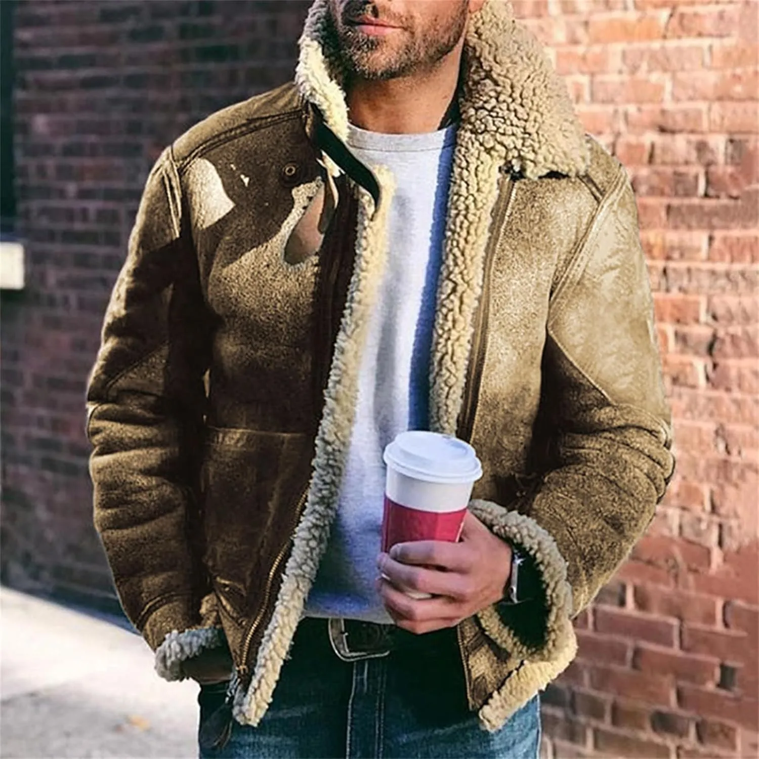 Mens Lamb Wool Bomber Coat Faux Leather Sherpa Jackets Fleece Lined Jacket Faux Fur Long Sleeve Overcoats