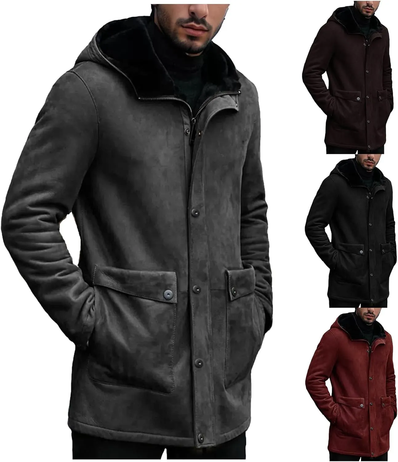 Men's Vintage Faux Suede Long Jakcets Sherpa Fleece Lined Hooded Coats Outdoor Retro Faux Leather Trench Coat Outwear