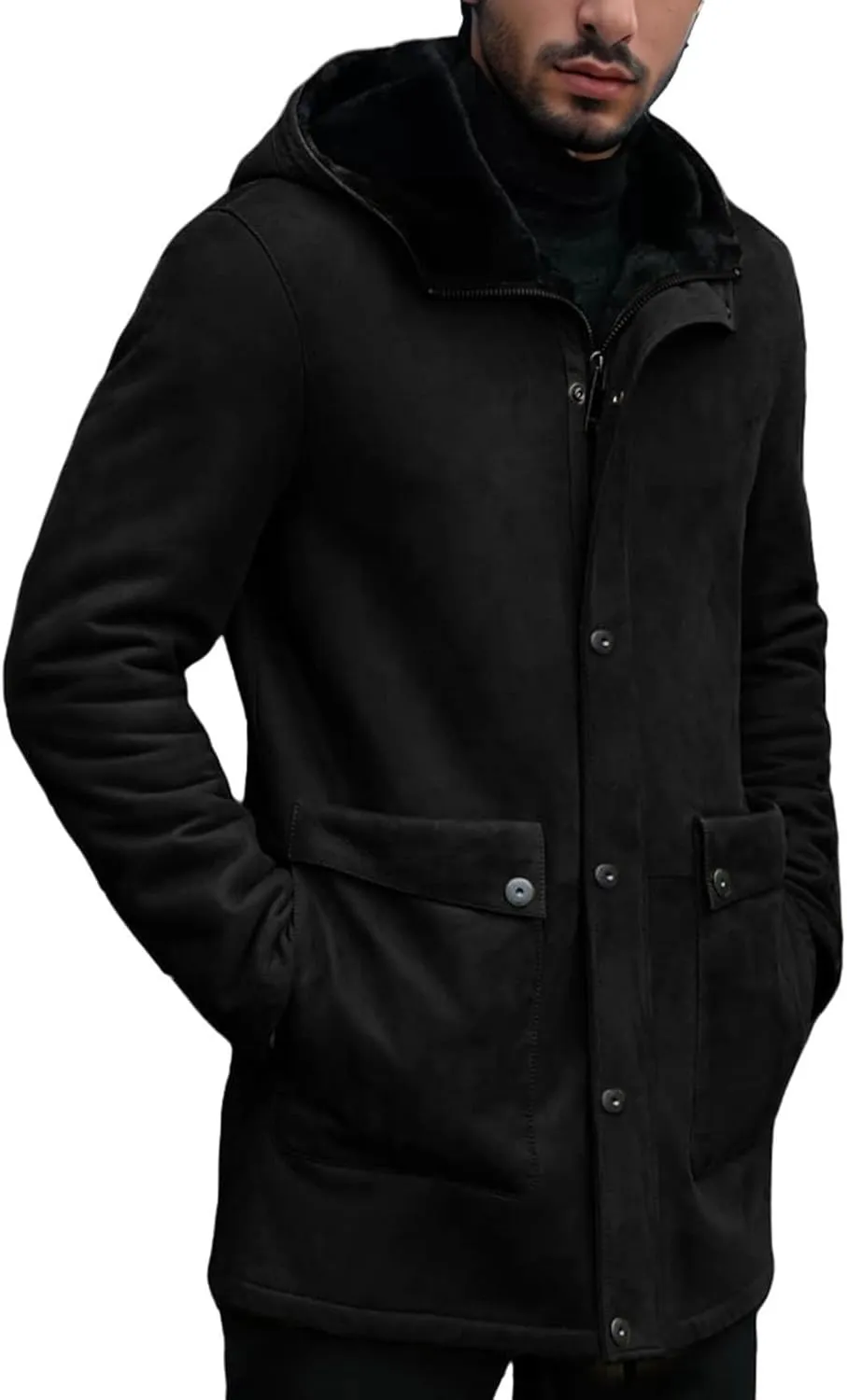 Men's Vintage Faux Suede Long Jakcets Sherpa Fleece Lined Hooded Coats Outdoor Retro Faux Leather Trench Coat Outwear