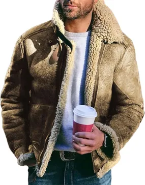 Mens Winter Coats, Men's Bomber Jackets Faux Leather Sherpa Fleece Lined Suede Jackets Heavyweight Faux Fur Overcoats