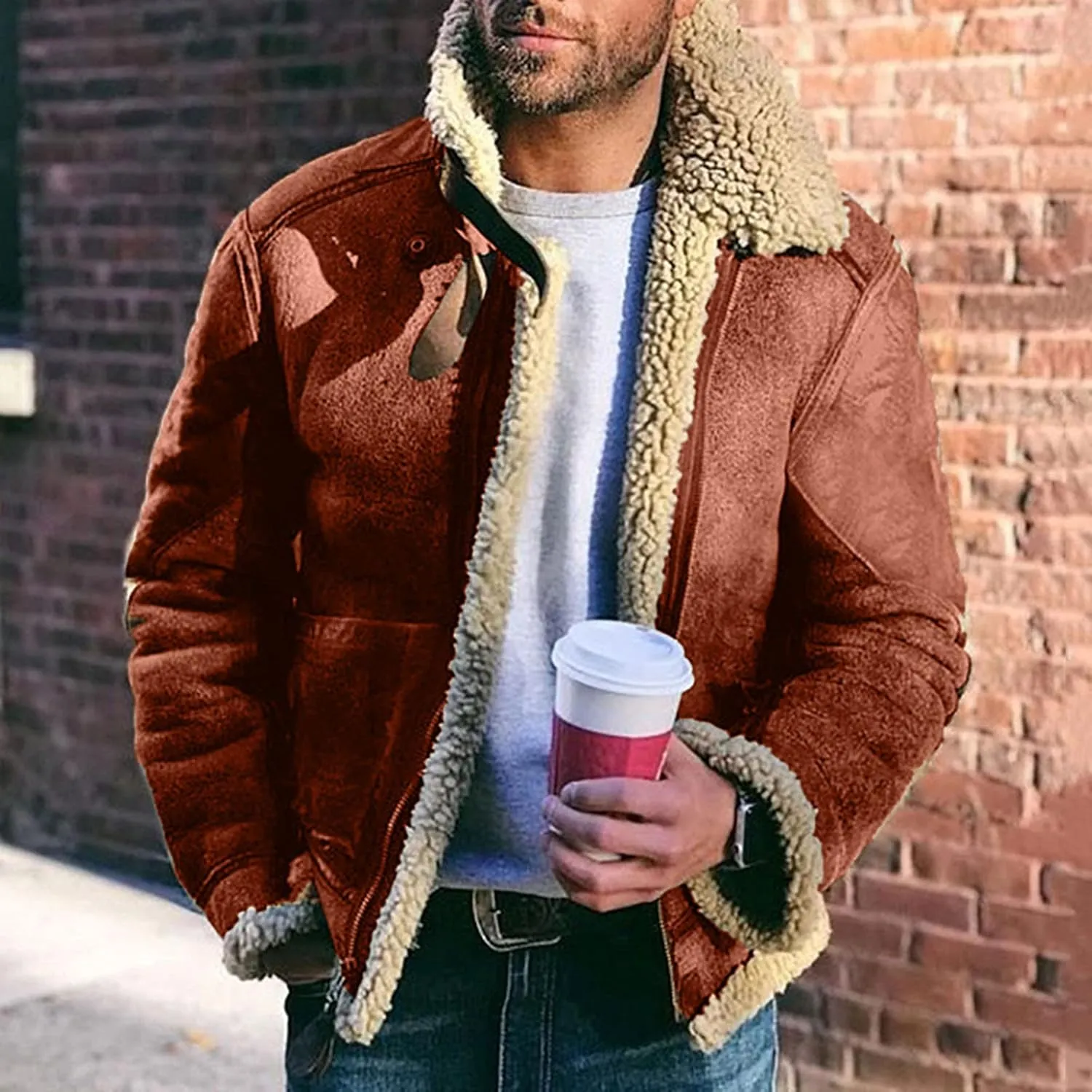 QWENTMTNTY Mens Sherpa Faux Suede Jacket Men Vintage Heavyweight Faux Shearing Coat Big Tall Casual Stylish Winter Jackets