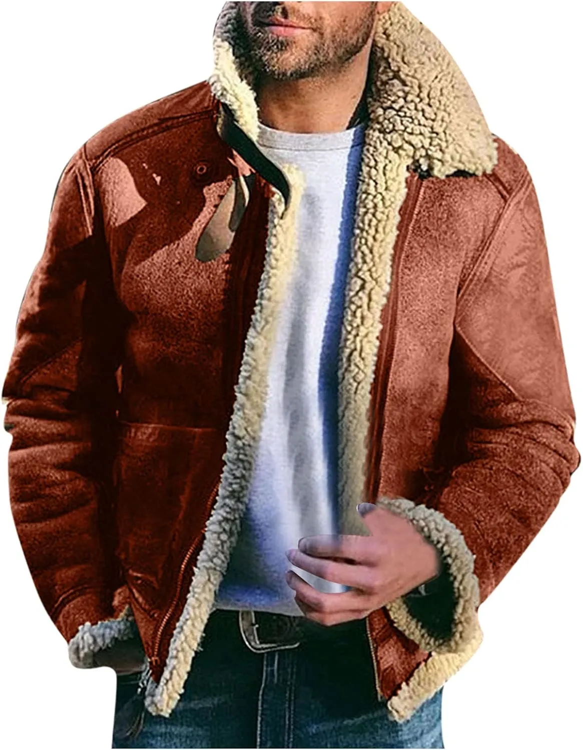 QWENTMTNTY Mens Sherpa Faux Suede Jacket Men Vintage Heavyweight Faux Shearing Coat Big Tall Casual Stylish Winter Jackets