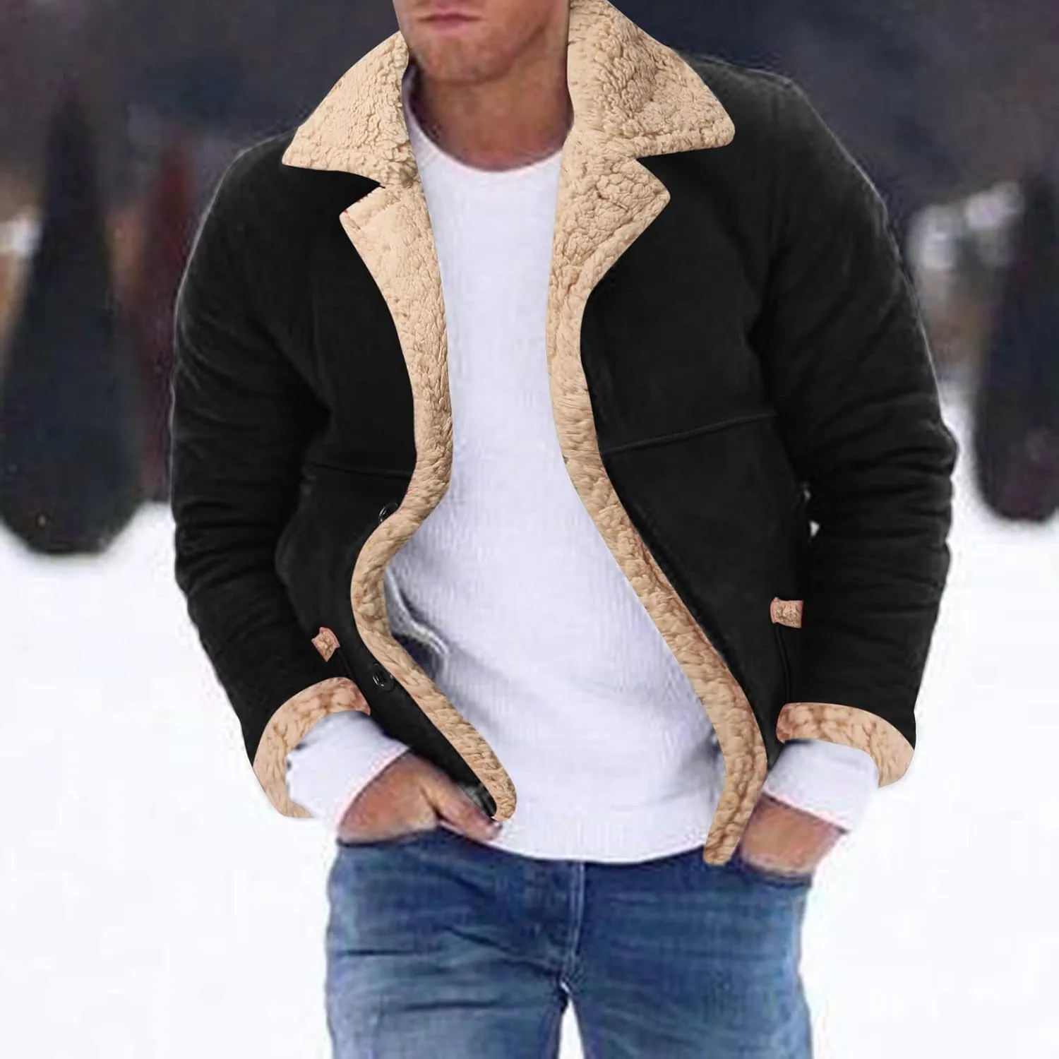 QWENTMTNTY Men's Vintage Sherpa Jacket Faux Suede Leather Winter Bomber Jackets Big Tall Heavyweight Faux Fur Shearling Coat
