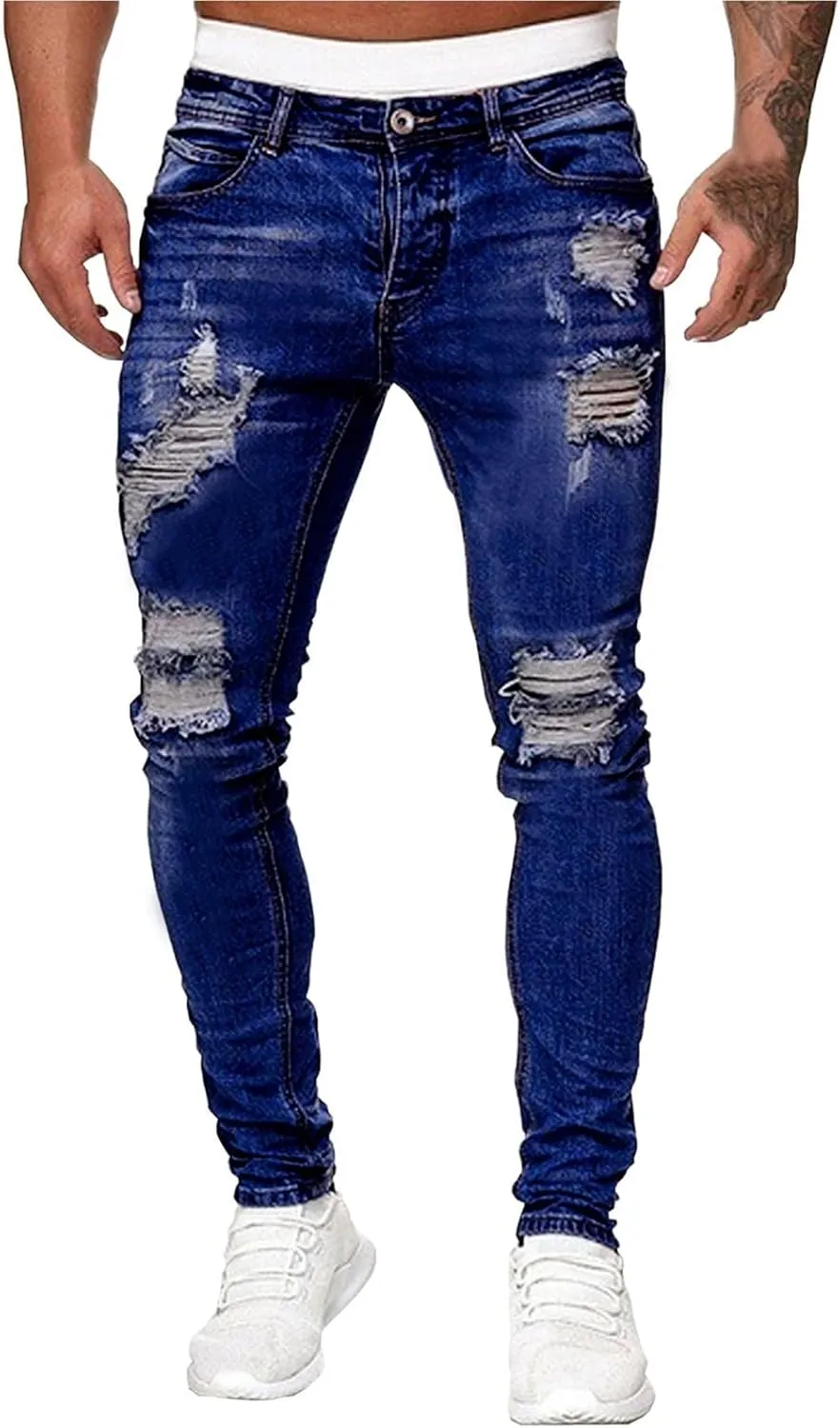 Ripped Jeans Men Baggy Classic Comfort Flex Retro Jeans Pants Lightweight Elastic Waist Denim Trousers