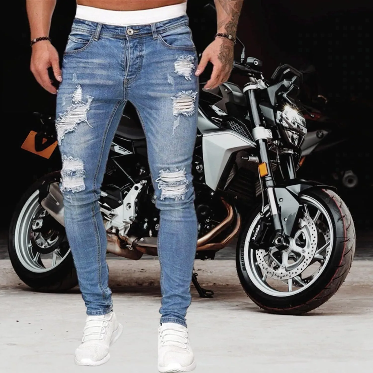 Ripped Jeans Men Baggy Classic Comfort Flex Retro Jeans Pants Lightweight Elastic Waist Denim Trousers