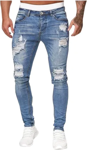 Ripped Jeans Men Baggy Classic Comfort Flex Retro Jeans Pants Lightweight Elastic Waist Denim Trousers
