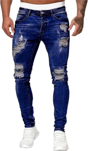 Ripped Jeans Men Baggy Classic Comfort Flex Retro Jeans Pants Lightweight Elastic Waist Denim Trousers