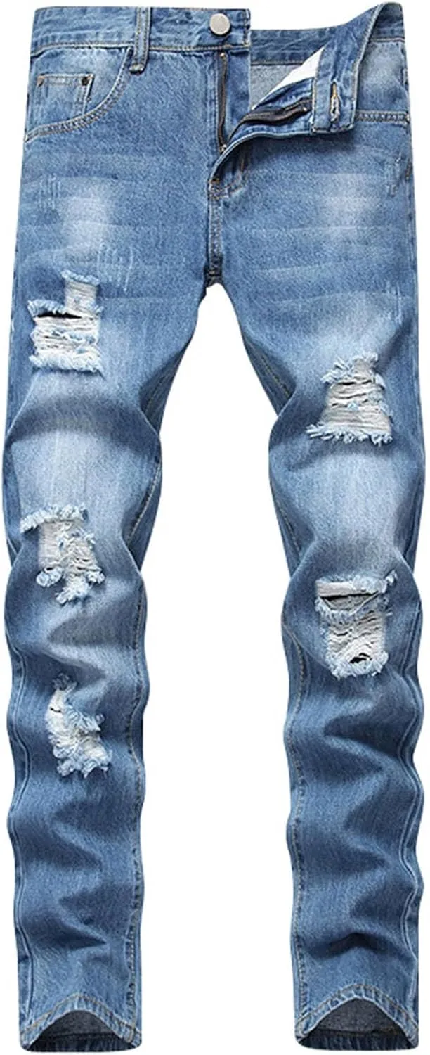 Ripped Skinny Jeans Men Men's Skinny Ripped Distressed Stretch Jeans Pants Hip Hop Biker Stretchy Jeans Straight Leg