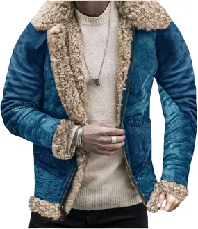 Shearling Coat Men Faux Leather Sherpa Fleece Lined Jackets Heavyweight Suede Faux Fur Trench Coat Warm Winter Overcoat