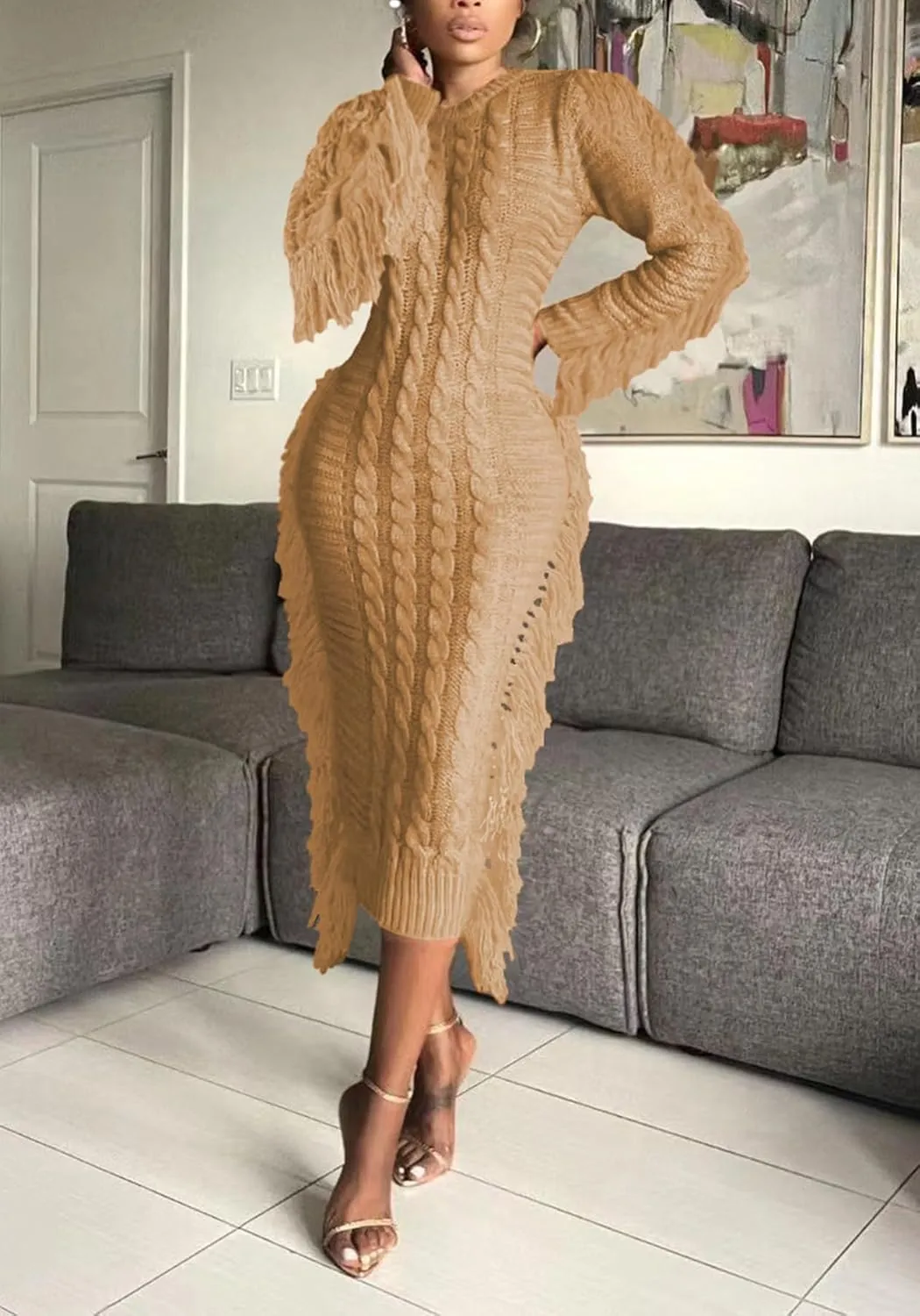 Tcremisa Sweater Dress for Women 2023 Trendy Chunky Cable Knitted Long Sweaters with Side Fringe (No Belt)