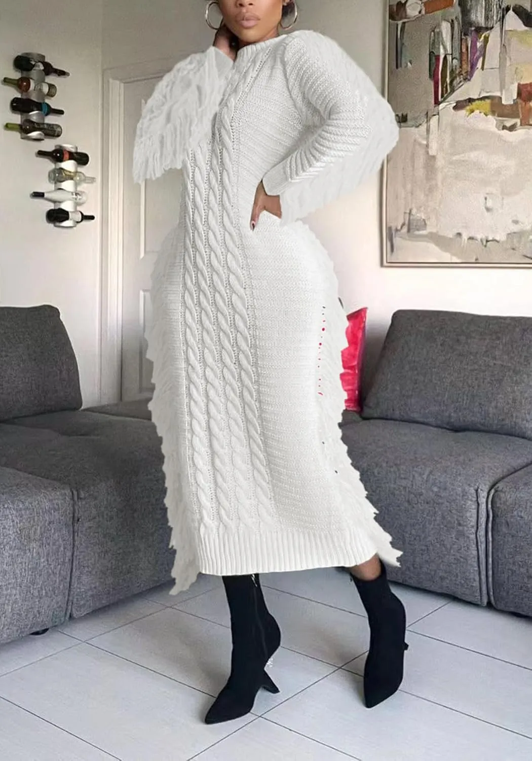 Tcremisa Sweater Dress for Women 2023 Trendy Chunky Cable Knitted Long Sweaters with Side Fringe (No Belt)