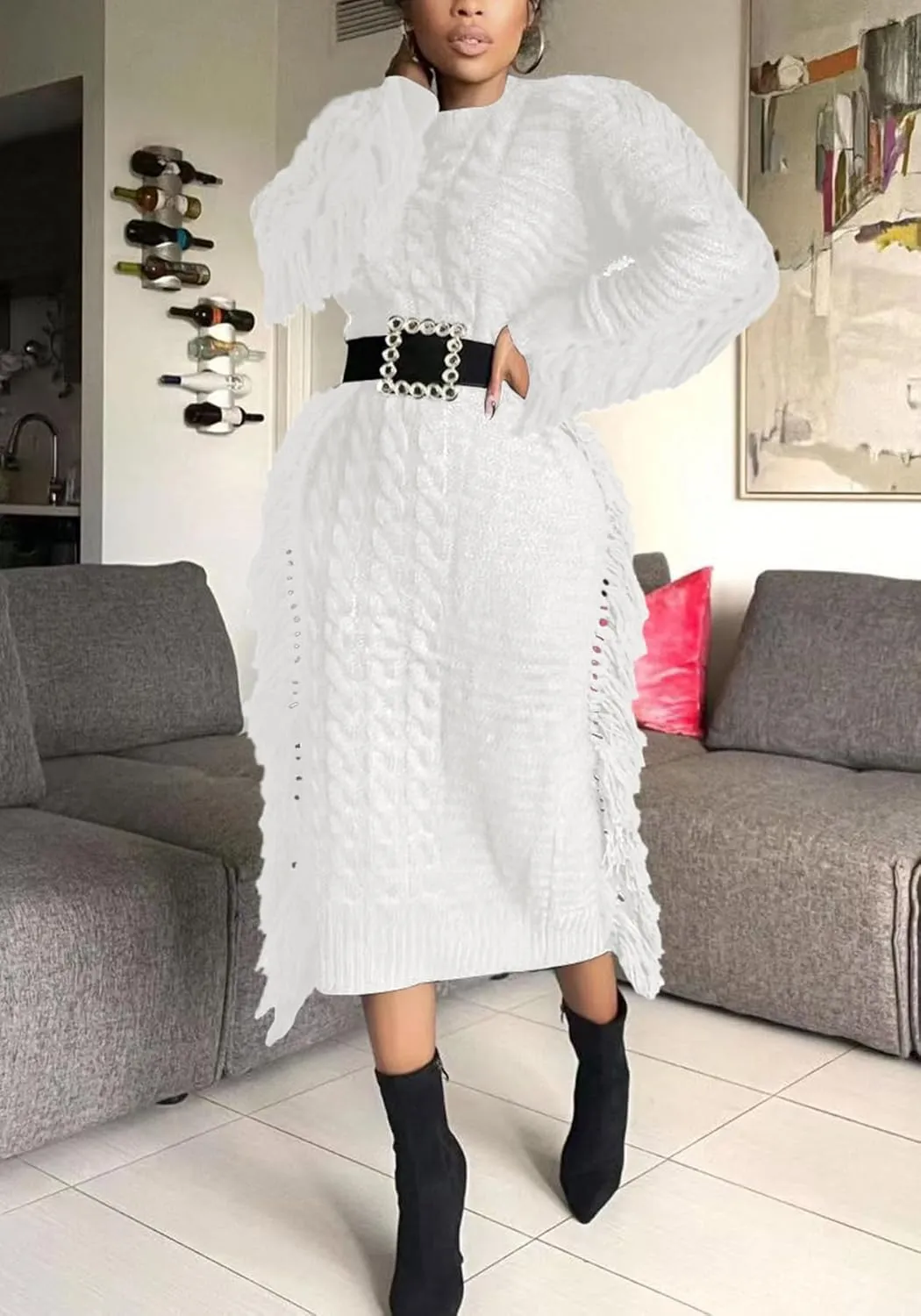 Tcremisa Sweater Dress for Women 2023 Trendy Chunky Cable Knitted Long Sweaters with Side Fringe (No Belt)