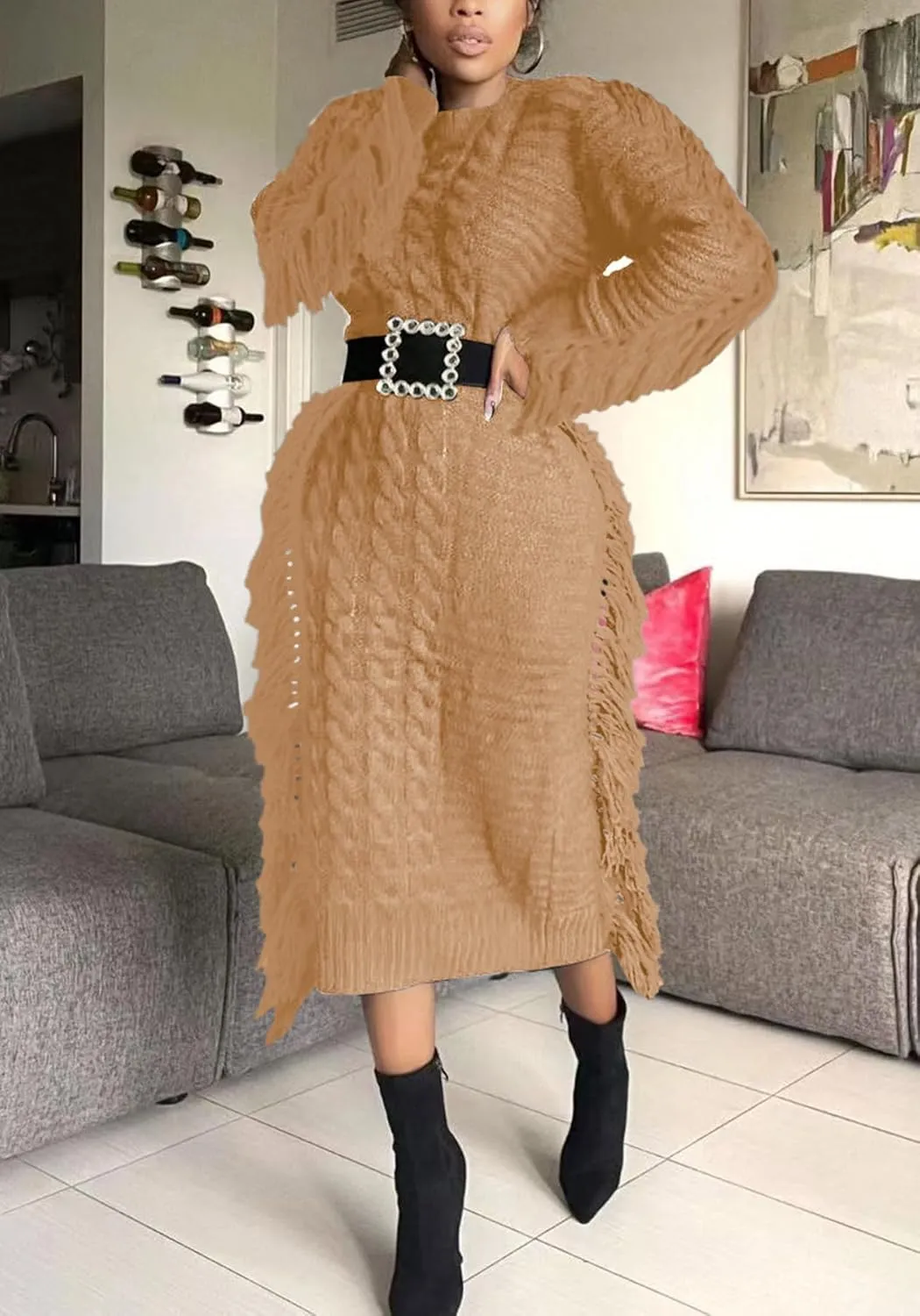 Tcremisa Sweater Dress for Women 2023 Trendy Chunky Cable Knitted Long Sweaters with Side Fringe (No Belt)