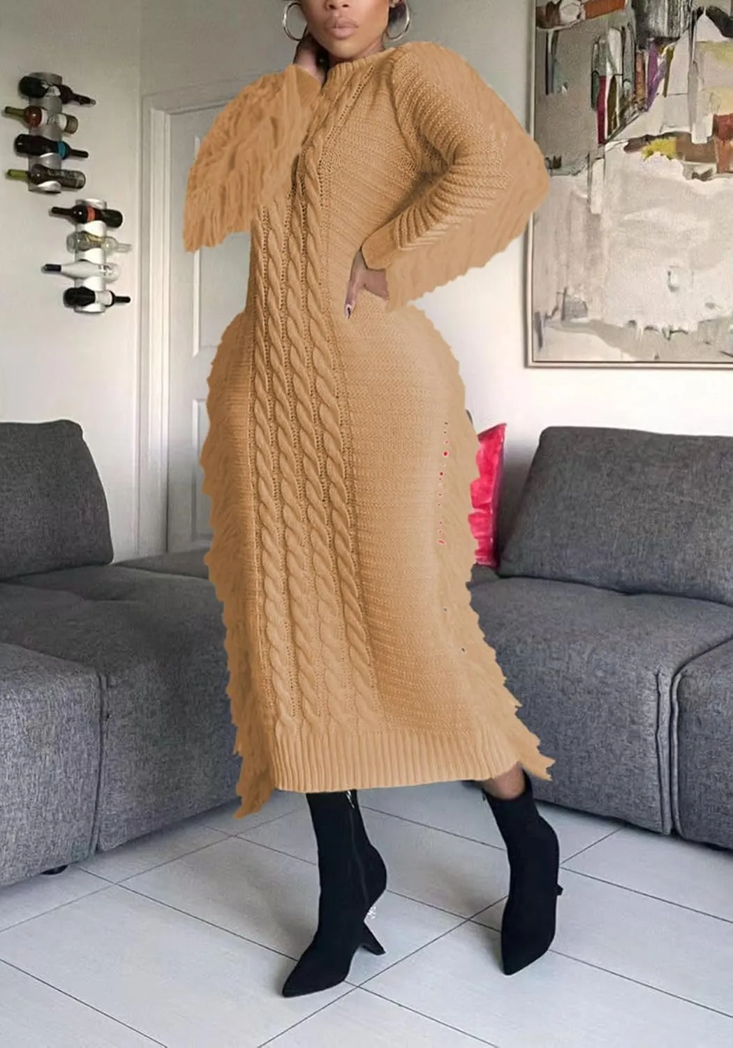 Tcremisa Sweater Dress for Women 2023 Trendy Chunky Cable Knitted Long Sweaters with Side Fringe (No Belt)