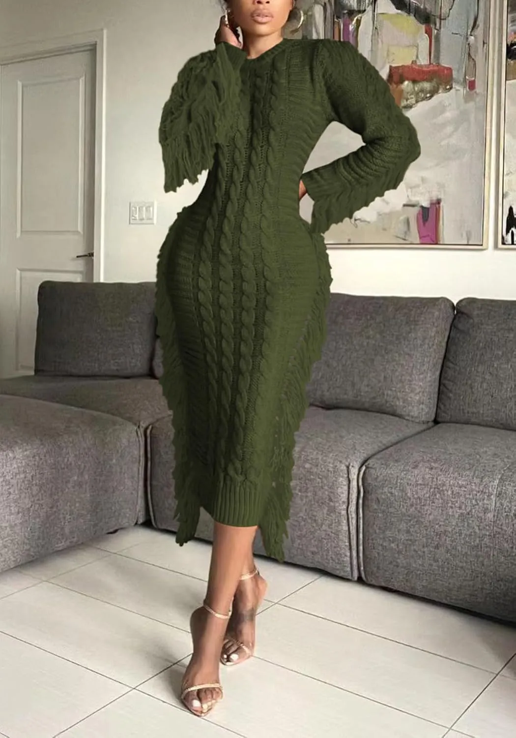 Tcremisa Sweater Dress for Women 2023 Trendy Chunky Cable Knitted Long Sweaters with Side Fringe (No Belt)