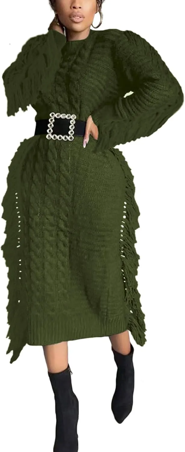 Tcremisa Sweater Dress for Women 2023 Trendy Chunky Cable Knitted Long Sweaters with Side Fringe (No Belt)