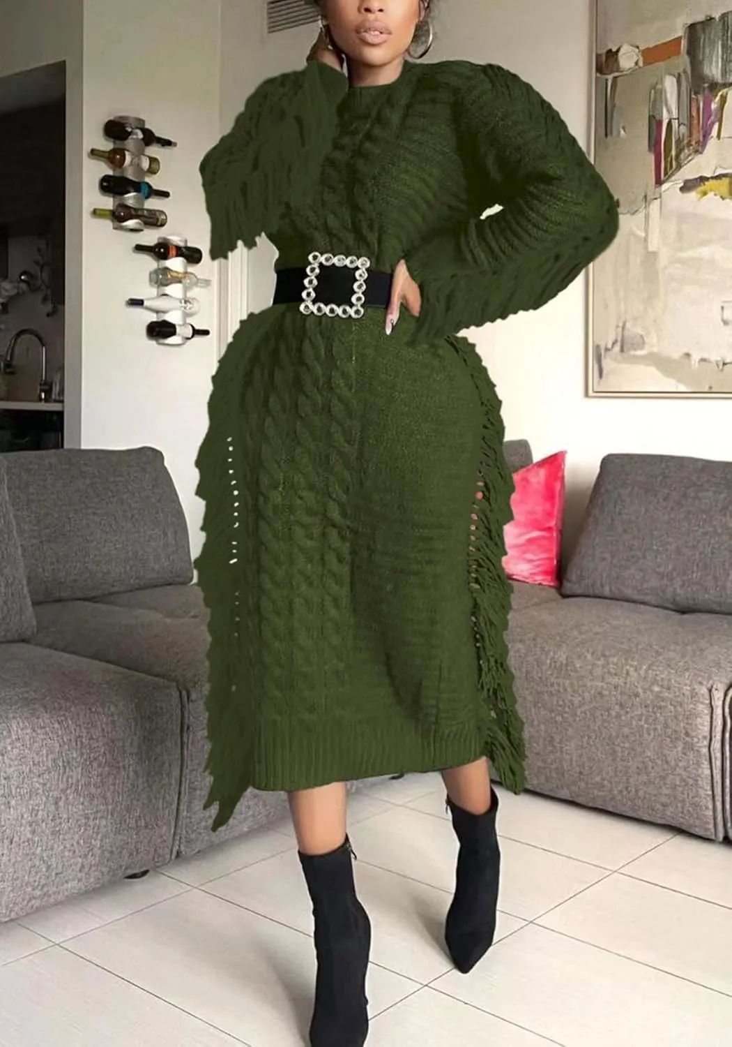 Tcremisa Sweater Dress for Women 2023 Trendy Chunky Cable Knitted Long Sweaters with Side Fringe (No Belt)
