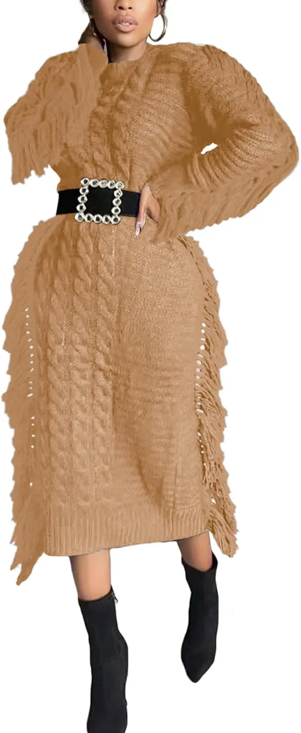 Tcremisa Sweater Dress for Women 2023 Trendy Chunky Cable Knitted Long Sweaters with Side Fringe (No Belt)
