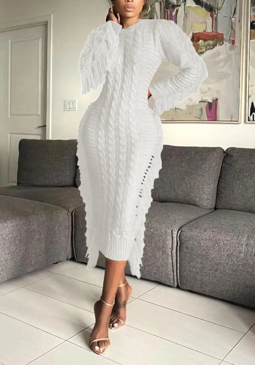 Tcremisa Sweater Dress for Women 2023 Trendy Chunky Cable Knitted Long Sweaters with Side Fringe (No Belt)