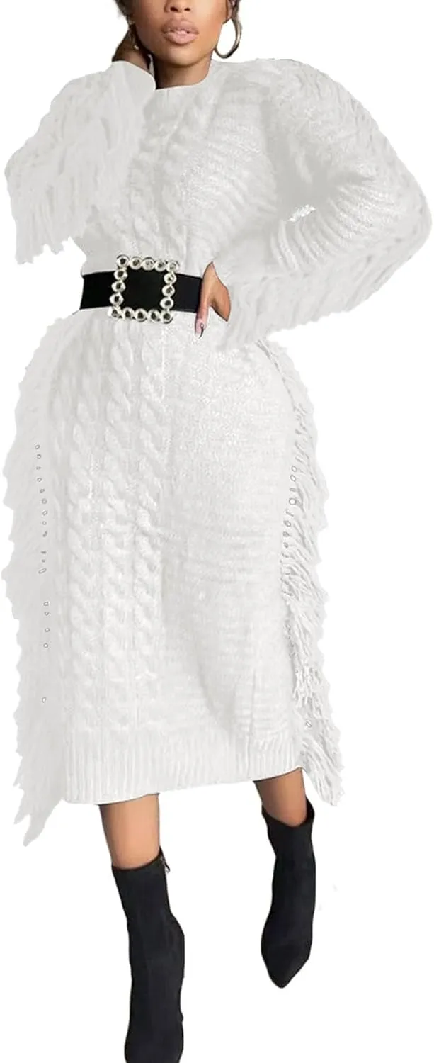 Tcremisa Sweater Dress for Women 2023 Trendy Chunky Cable Knitted Long Sweaters with Side Fringe (No Belt)