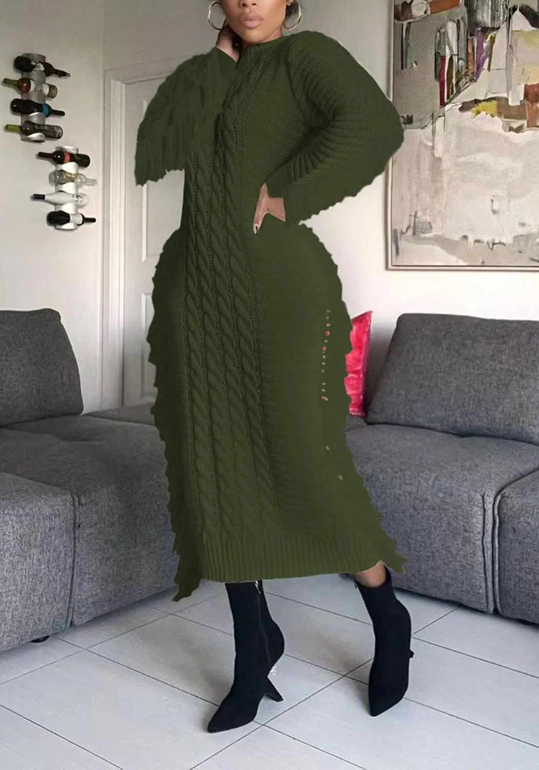 Tcremisa Sweater Dress for Women 2023 Trendy Chunky Cable Knitted Long Sweaters with Side Fringe (No Belt)