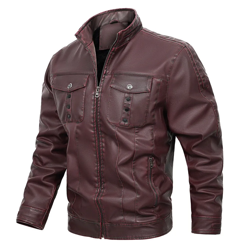 Wine Red Male PU Leather Jacket