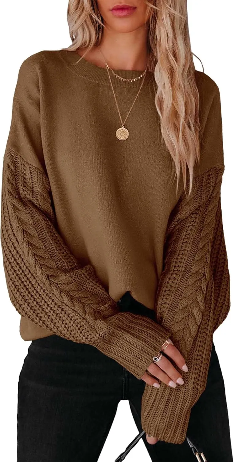 Women's Cable Knit Chunky Sweater Tops - Cozy Crewneck Pullover in Brown
