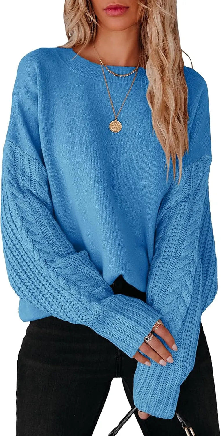 Women's Cable Knit Chunky Sweater Tops in Blue - Casual Loose Fit