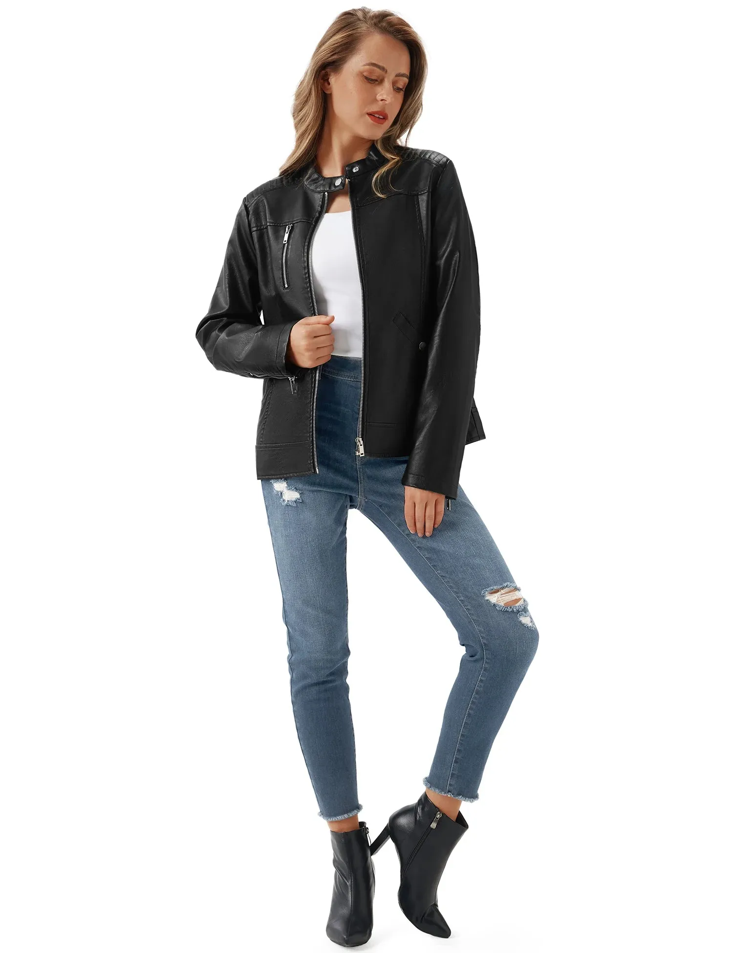 Women's Faux Leather Jacket Black Motorcycle Moto Biker Short Coat