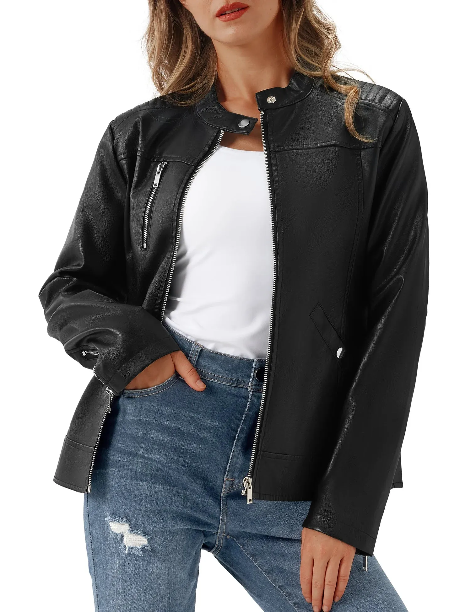 Women's Faux Leather Jacket Black Motorcycle Moto Biker Short Coat