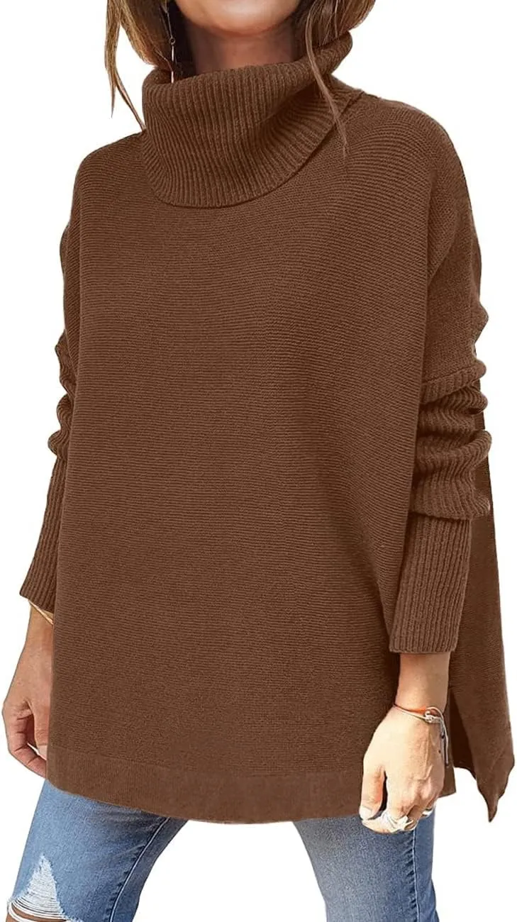 Womens Turtleneck Batwing Sleeve Chunky Knit Pullover Sweater Tops Casual Oversized Spilt Hem Tunic Sweaters
