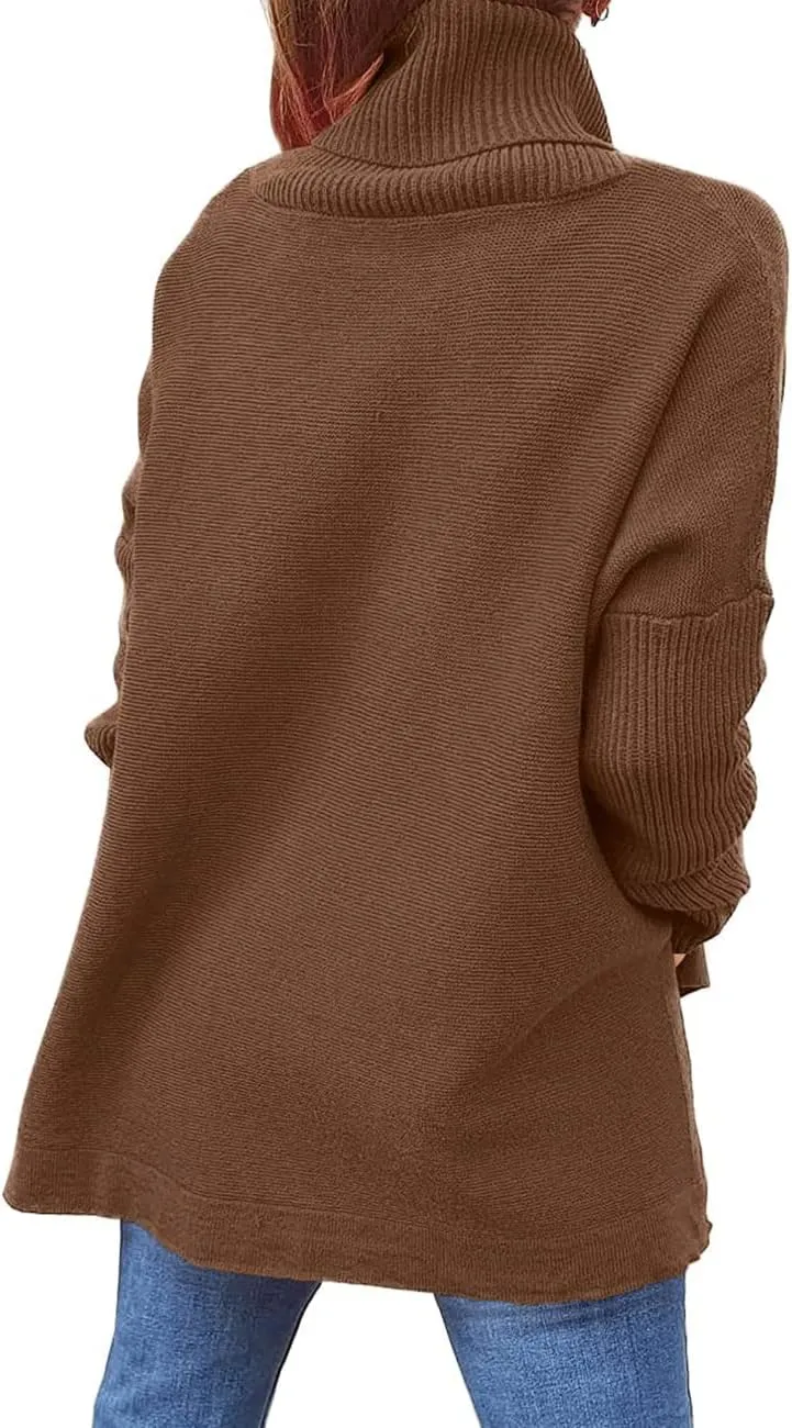 Womens Turtleneck Batwing Sleeve Chunky Knit Pullover Sweater Tops Casual Oversized Spilt Hem Tunic Sweaters