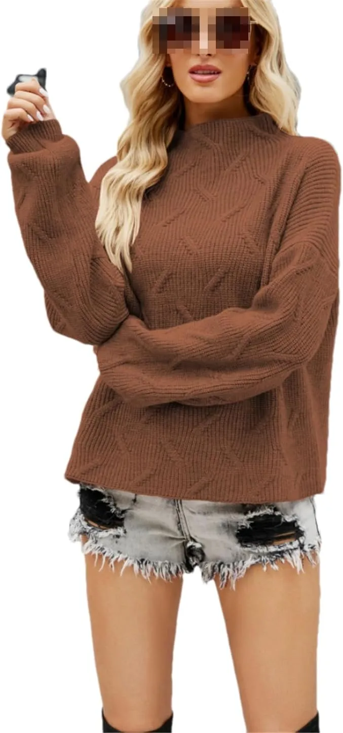 Women's Turtleneck Knitted Sweater Loose Oversize Long Lantern Sleeve Warm Pullover Jumper