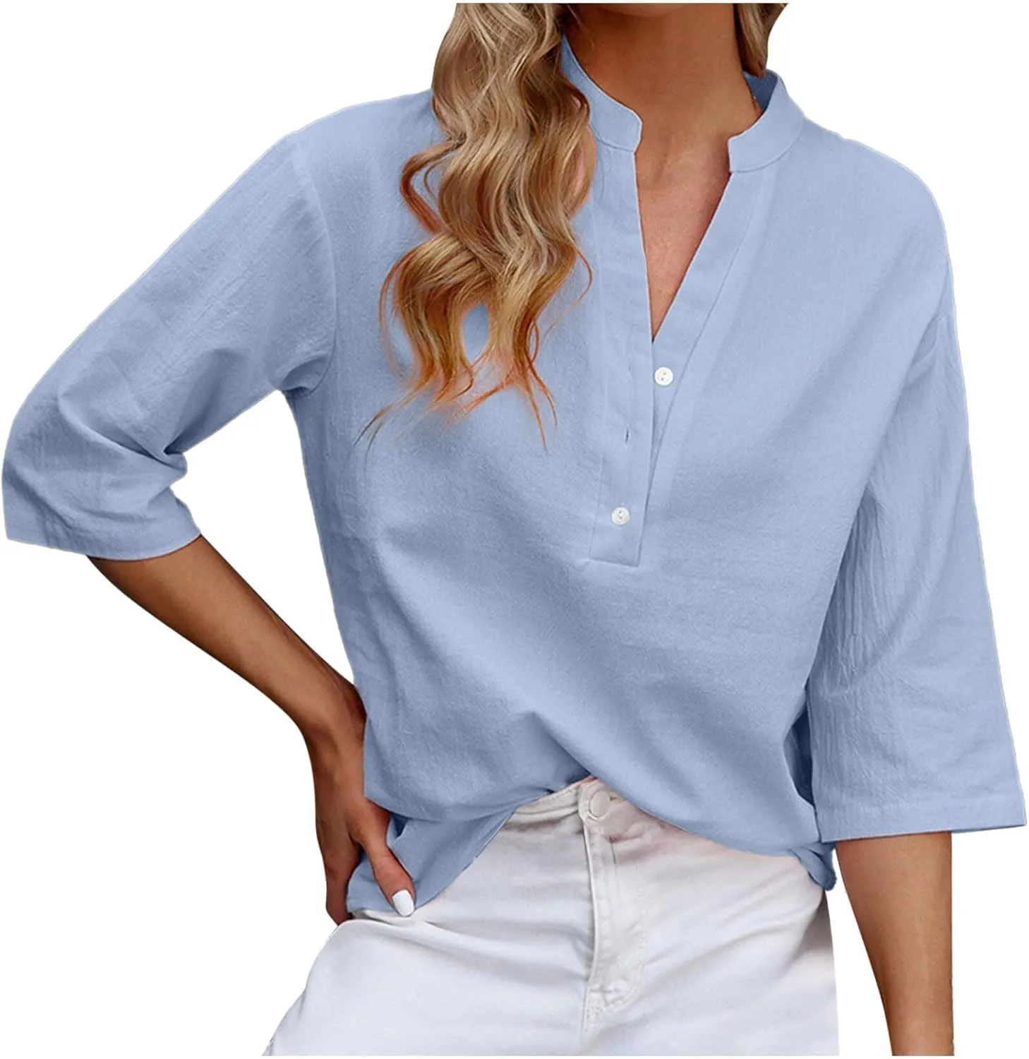 Women's V-Neck Long Sleeve Loose Button Cotton And Linen T-shirt Blouse,2024 Fall&Winter Womens Trendy Tops