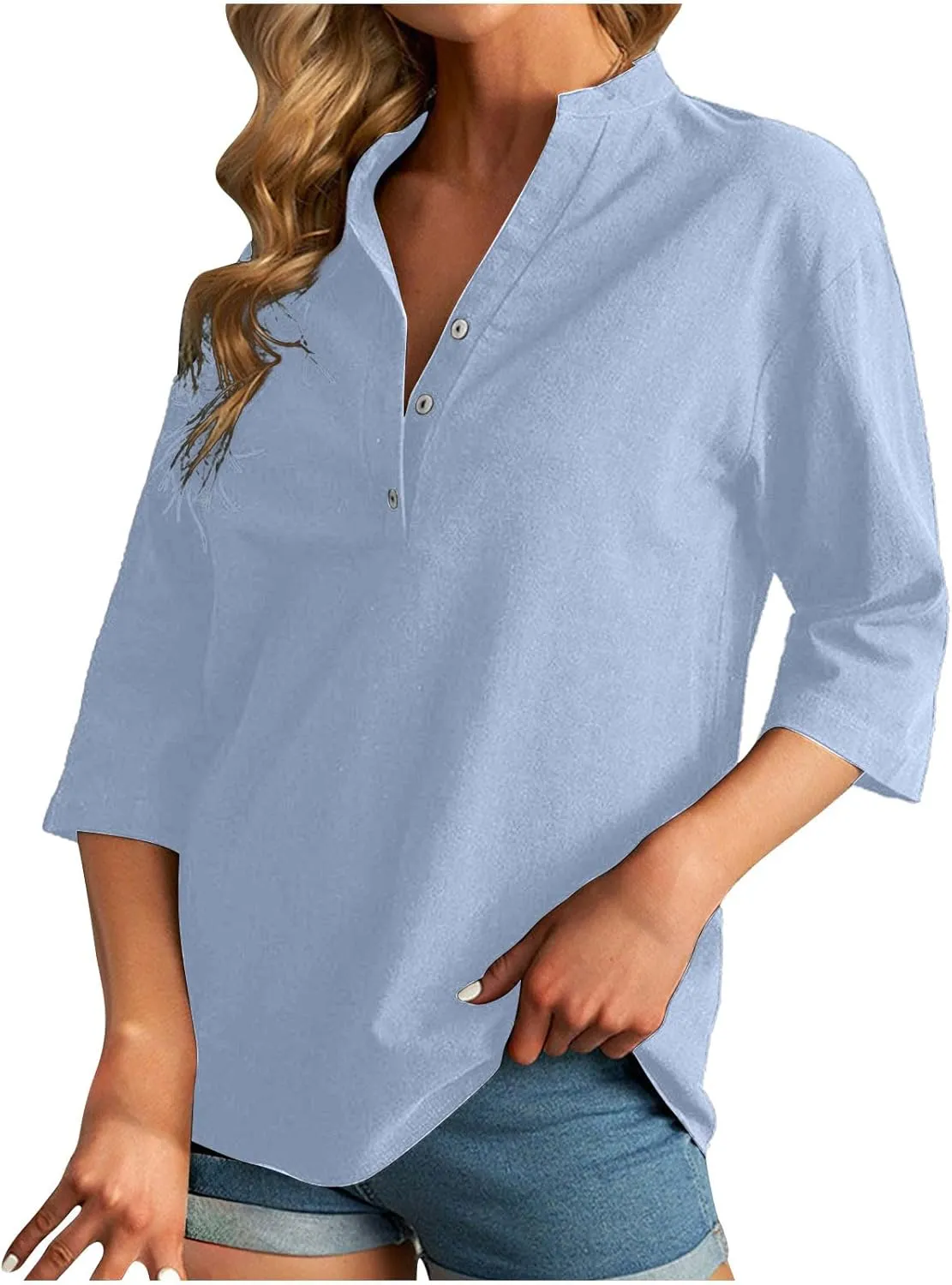Women's V-Neck Long Sleeve Loose Button Cotton And Linen T-shirt Blouse,2024 Fall&Winter Womens Trendy Tops