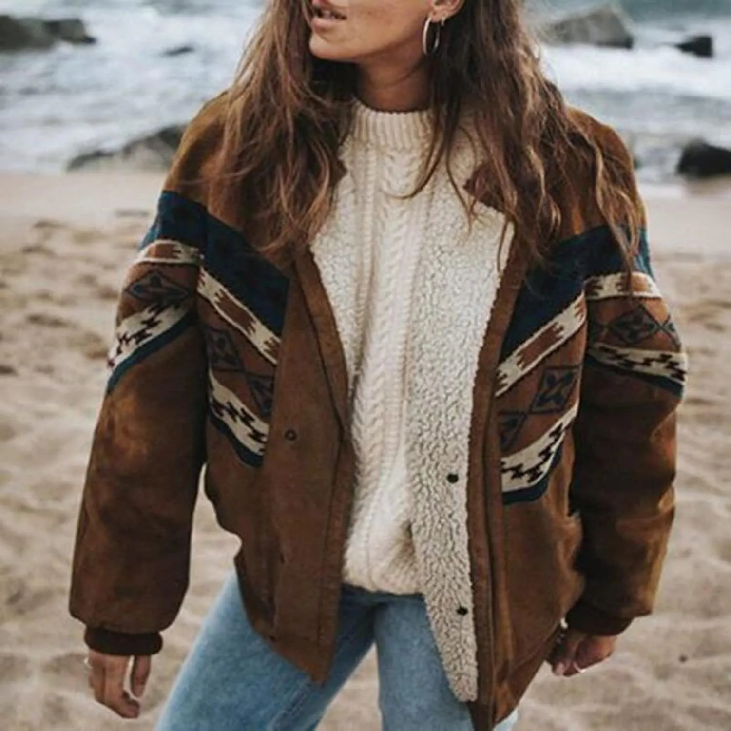XUNRYAN Womens Western Aztec Sherpa Jackets Winter Warm Coat Casual Zip Long Sleeve Bomber Jackets Vintage Fleece Outerwear