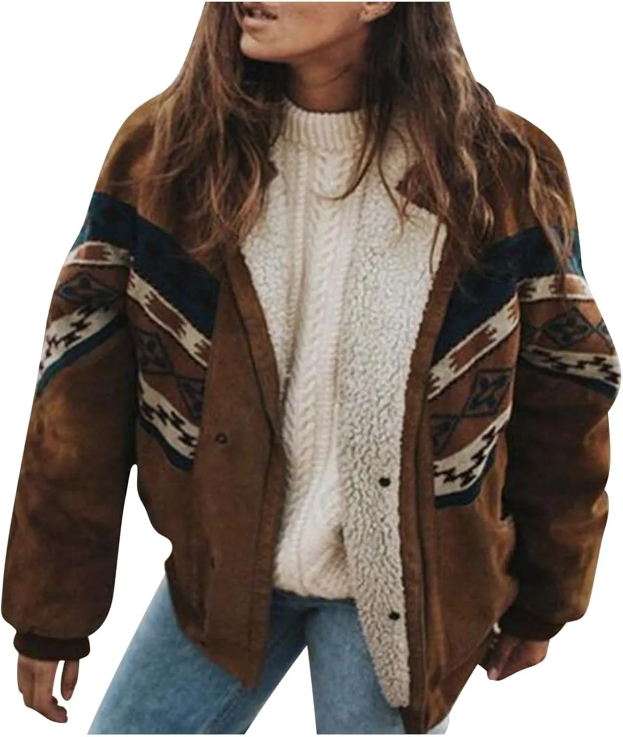 XUNRYAN Womens Western Aztec Sherpa Jackets Winter Warm Coat Casual Zip Long Sleeve Bomber Jackets Vintage Fleece Outerwear